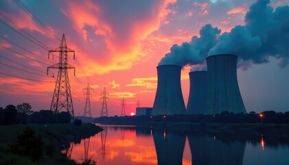 Modern power plant generating electricity, industrial landscape , transmission, manufacturing