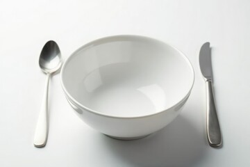 Close-up empty bowl, untouched cutlery, pure white backdrop, break, hungry