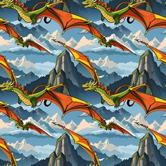illustrated dragons flying over mountains