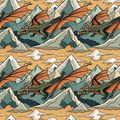 illustrated dragons flying over mountains