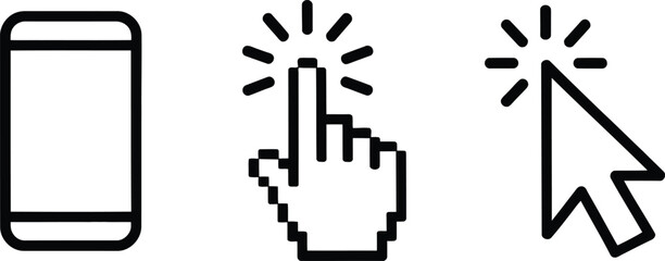 Vector icons representing mobile device clicking interaction and computer pointer clicks
