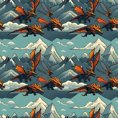 illustrated dragons flying over mountains
