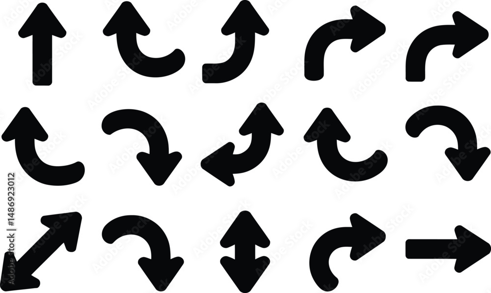 Poster set of isolated black arrows pointing up down left and right in various curved shapes