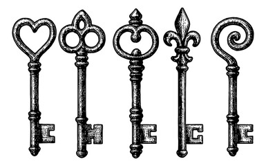 Set of Antique Keys in Decorative Style with Heart, Fleur De Lis, and Swirl Top Vector