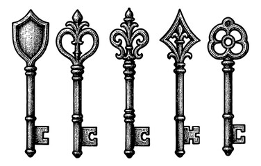 Collection of Ornate Antique Keys with Detailed Engraved Designs in Black and White Line Art