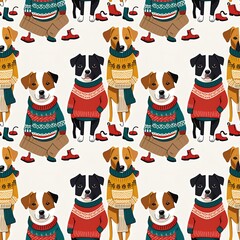 illustrated dogs wearing sweaters and boots