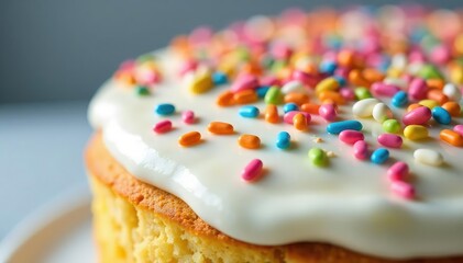 Close-up of colorful sprinkles on a frosted cake , cream, frosted