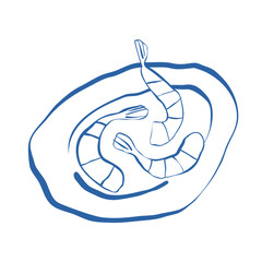 Shrimps on plate with hand-drawn line style minimal seafood art with uneven line and no shadows for kitchen and food design