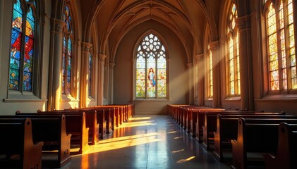 Serene church interior, sunlight streaming through stained glass windows , tranquil, calm, prayer book