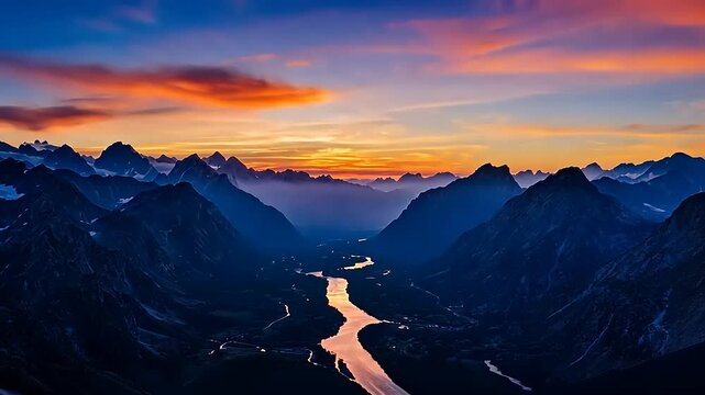 Spectacular Alpine River Valley at Twilight, Illuminated by Sunset Skies