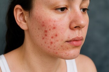 A close-up of a woman with acne on her face, showing red, inflamed pimples, highlighting the need for effective acne treatment