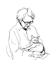 Fototapeta premium Senior Person Holding a Cat with Affection in Black and White Outline Line Art Drawing