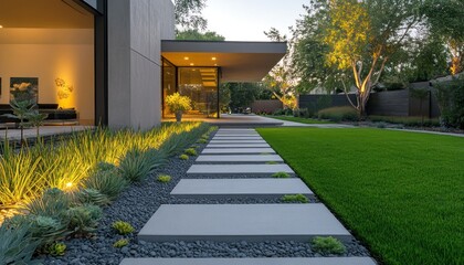 A LED-lit concrete home pathway leads to a modern home 4. Generative AI
