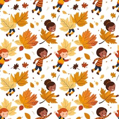 Obraz premium illustrated children playing in autumn leaves