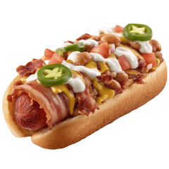 Gourmet Chili Cheese Bacon Hot Dog with Jalapenos