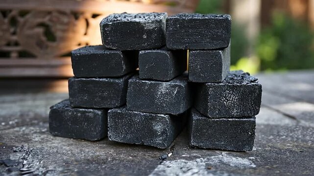 Dark soap bricks stacked outdoors on stone patio with ornate metal basket in background
