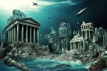 Mythology themed underwater city coral covered structures bioluminescent sea life and ancient artifacts depicting a lost civilization beneath the waves