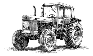 Obraz premium Detailed Vintage Black and White Tractor Illustration with Intricate Line Work