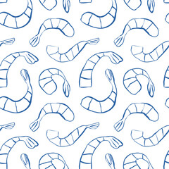 Seamless pattern with blue hand-drawn shrimps on white background made in one uneven line with no shadows