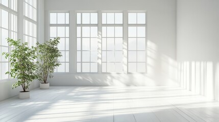 Bright Minimalist Room Interior with Sunlight Streaming Through Large Windows