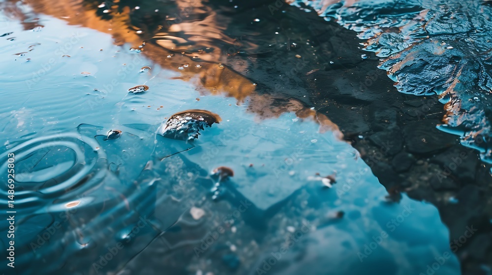 Poster blue water surface with rain ripple and reflection creating abstract texture