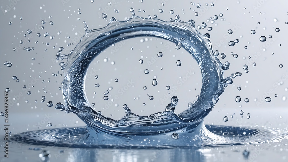 Poster water forms a ring shape with droplets splashing against a light background.