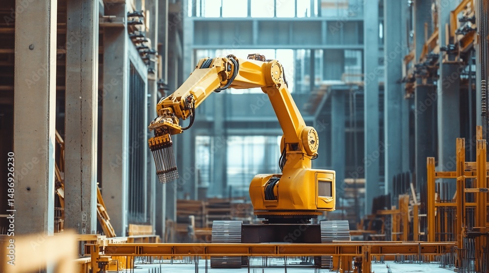 Poster automated construction: robotic arm at work on a building site