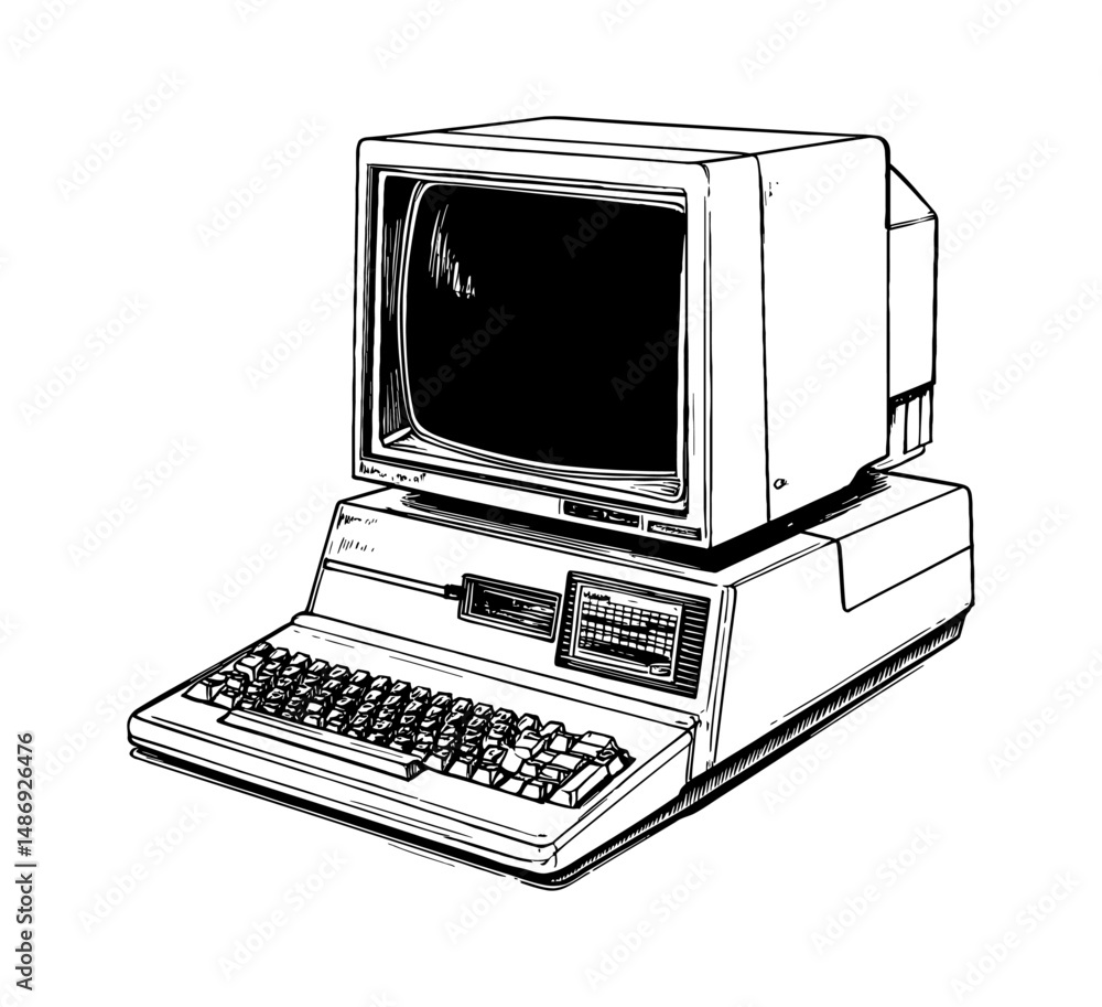 Aufkleber old computer with monitor and keyboard in black and white line art illustration style
