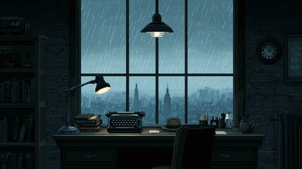 Dark room with desk typewriter lamp and window showing rainy cityscape.