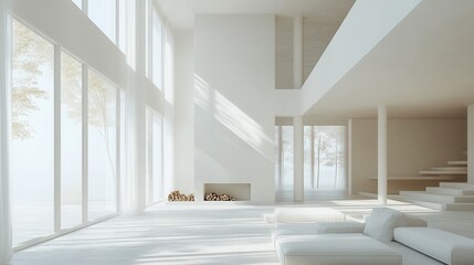 Bright White Minimalist Interior Design Spacious Open Plan Living Room with Large Windows and Sunlight
