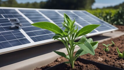 Fototapeta premium A close-up of a plant with a solar panel in the background generative AI