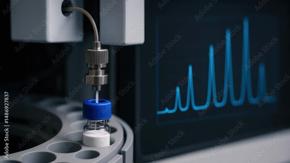 Poster pharma production line equipment analyzing vial sample and data in laboratory for precise analysis a
