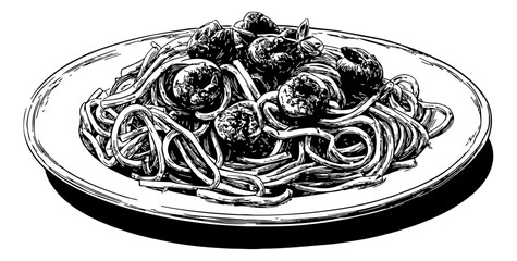 Delicious Spaghetti with Meatballs in Detailed Black and White Line Art Drawing