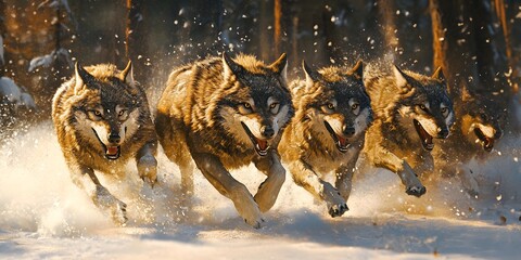 Fototapeta premium Four wolves running through snowy forest.