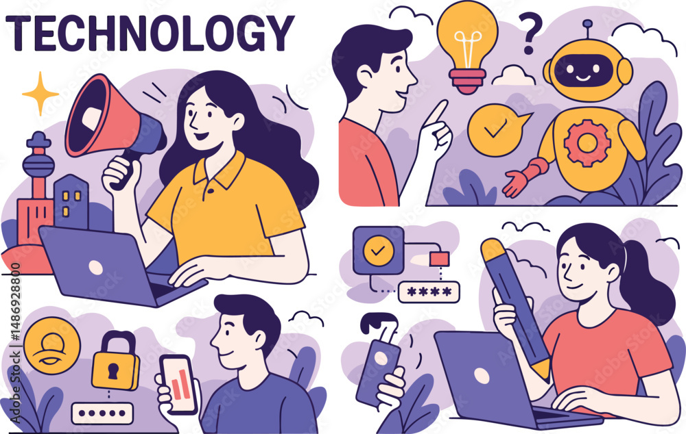 Poster ai technology in business and marketing set. characters using artificial intelligence, algorithms, g