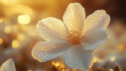 Fototapeta premium Close Up of Dew Covered White Flower in Golden Sunrise Light