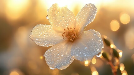 Fototapeta premium Close Up of Dew Covered White Flower in Soft Golden Light