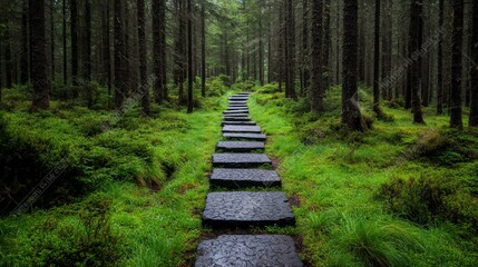 Obraz premium A stone path winds through a lush, mossy forest, disappearing into the misty distance
