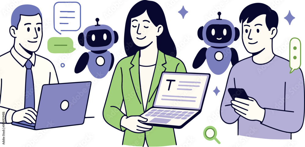 Poster ai technology set. characters using artificial intelligence generative tools for business tasks, con