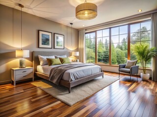 Fototapeta premium Modern Neutral Bedroom Virtual Staging: Vacant Hardwood Floor Room Photography