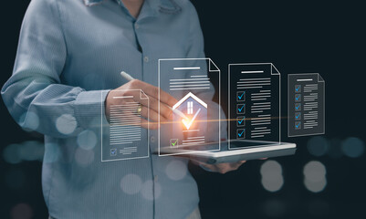 Check documents on real estate, houses and residences, loan approval for housing loans, retirement planning projects, welfare officers approve benefits online using laptops, on virtual screens.