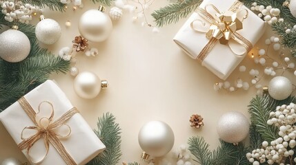 Elegant Christmas Flat Lay White and Gold Gifts with Ornaments and Greenery on Beige Background