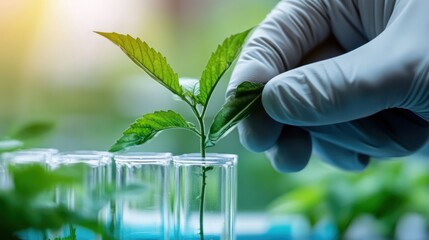 Plant Research: A Close-Up of a Scientist's Hand Gently Examining a Young Plant Sprout in a Test Tube, Symbolizing Growth, Scientific Study, and the Future of Agriculture.