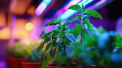 Vibrant Indoor Basil Plants Under Grow Lights