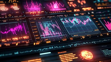 Futuristic digital dashboard displays financial data,  showing trends and market analysis - Powered by Adobe