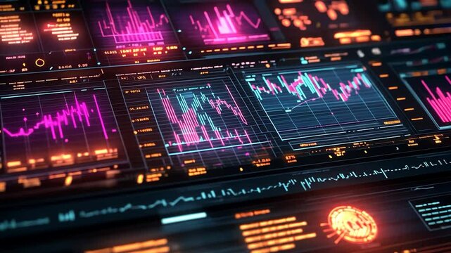 Futuristic digital dashboard displays financial data,  showing trends and market analysis - Powered by Adobe