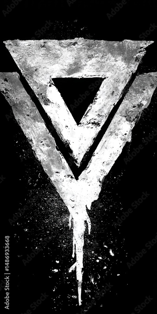 Poster abstract design with grayscale triangles and drips.