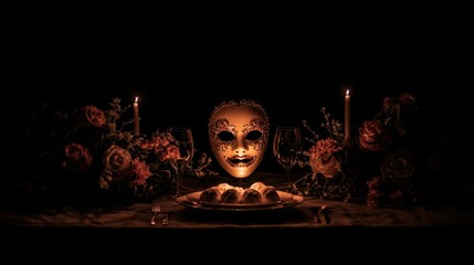 Elegant Table Setting with Mask and Candles for Mysterious Celebration Decor