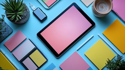 Assorted office supplies arranged on a light blue surface