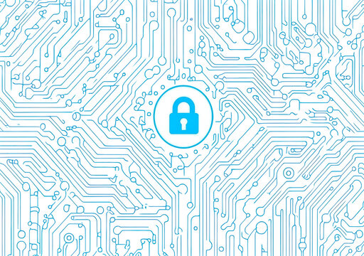 Digital Blue Padlock Surrounded by Circuit Lines Representing Virtual Security and Technology, PNG